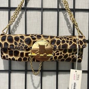 Anteprima Brown Crocodile Pattern Clutch with Heavy Brass Accents Chain Handle